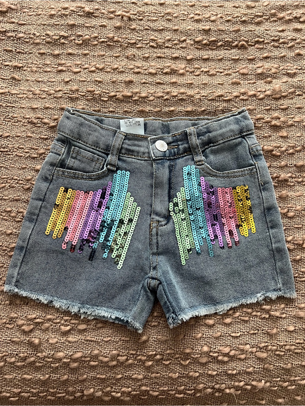 Girls Gray Denim Shorts with Rainbow Sequin Accent